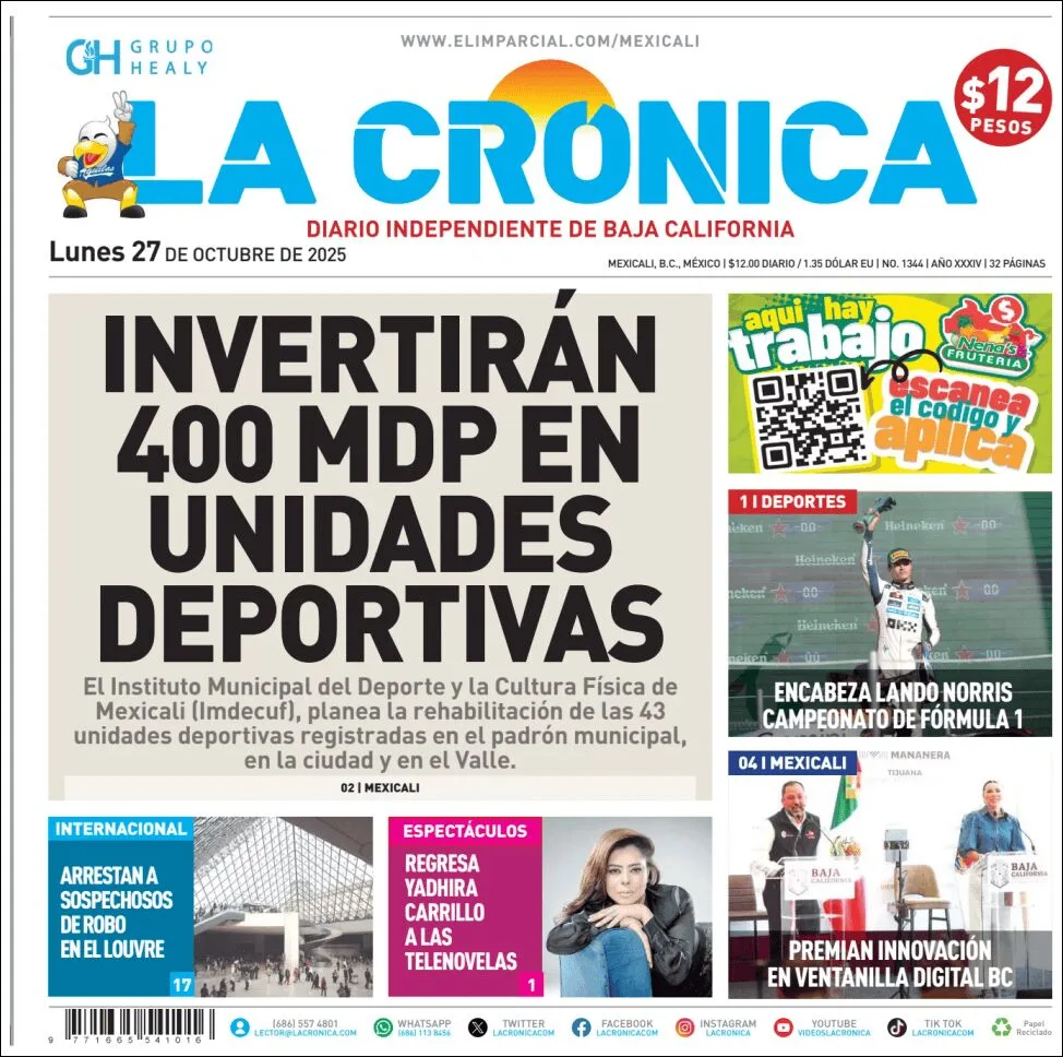 Portada de La Cronica del lunes, 27 de octubre de 2025