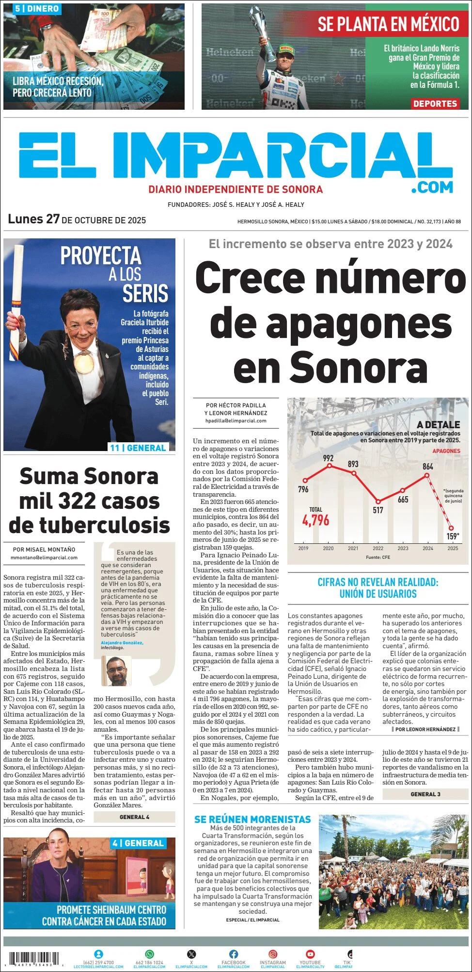 Portada de El Imparcial del lunes, 27 de octubre de 2025
