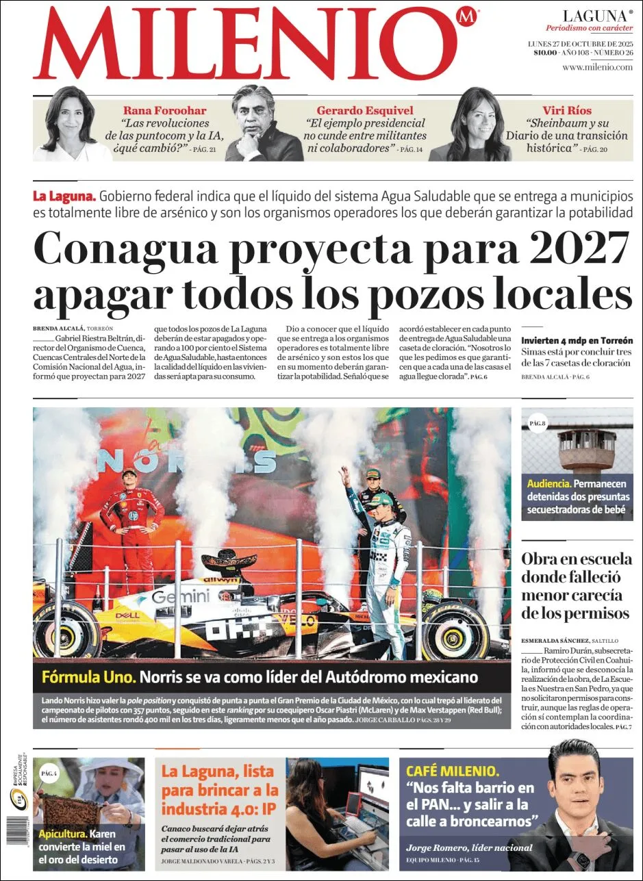 Portada de Milenio Laguna del lunes, 27 de octubre de 2025