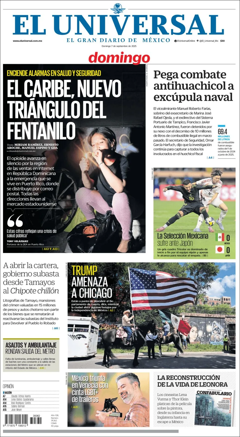Portada de El Universal del domingo, 7 de septiembre de 2025