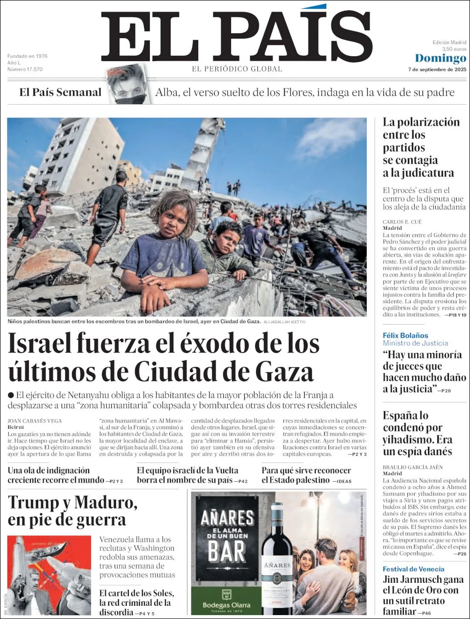 Portada de El Pais del domingo, 7 de septiembre de 2025