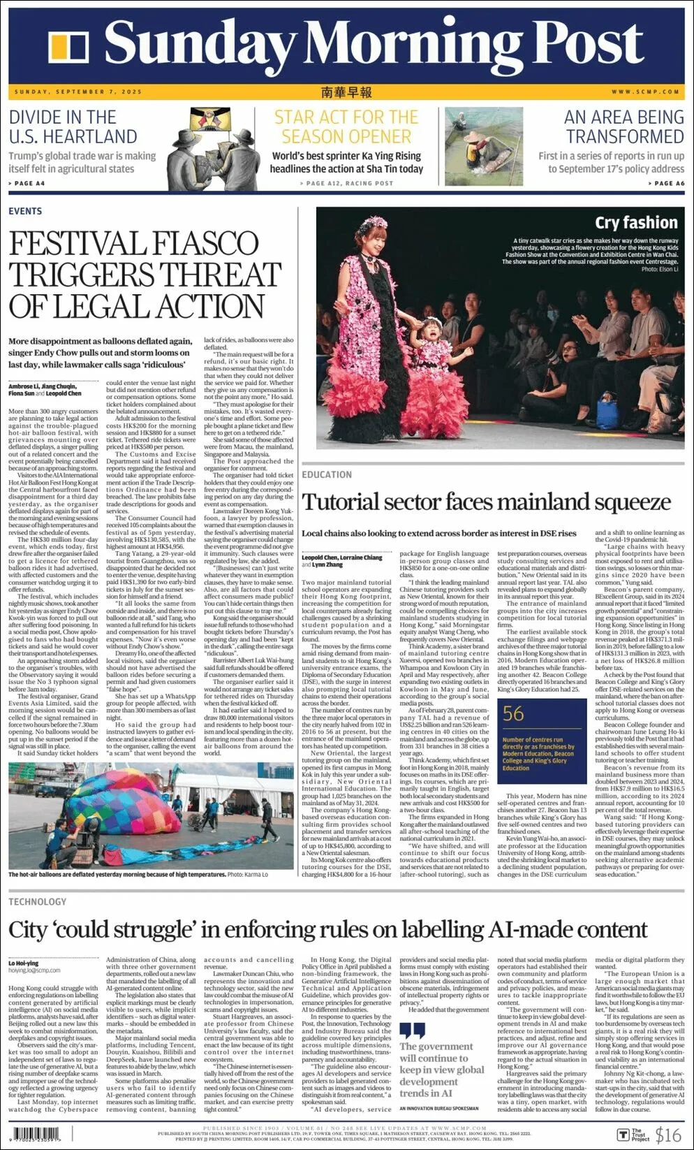 Portada de South China Morning Post del domingo, 7 de septiembre de 2025