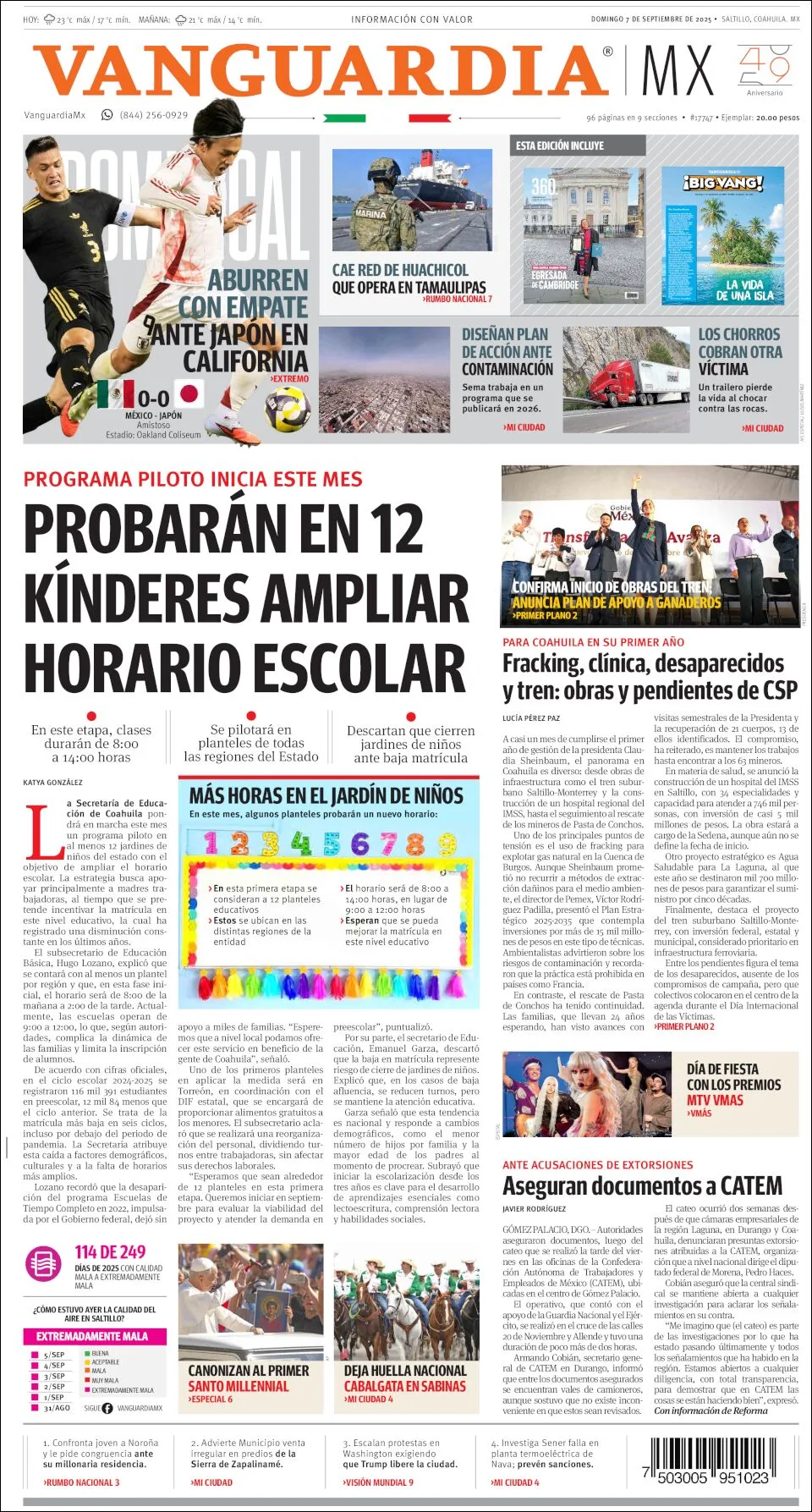 Portada de Vanguardia del domingo, 7 de septiembre de 2025