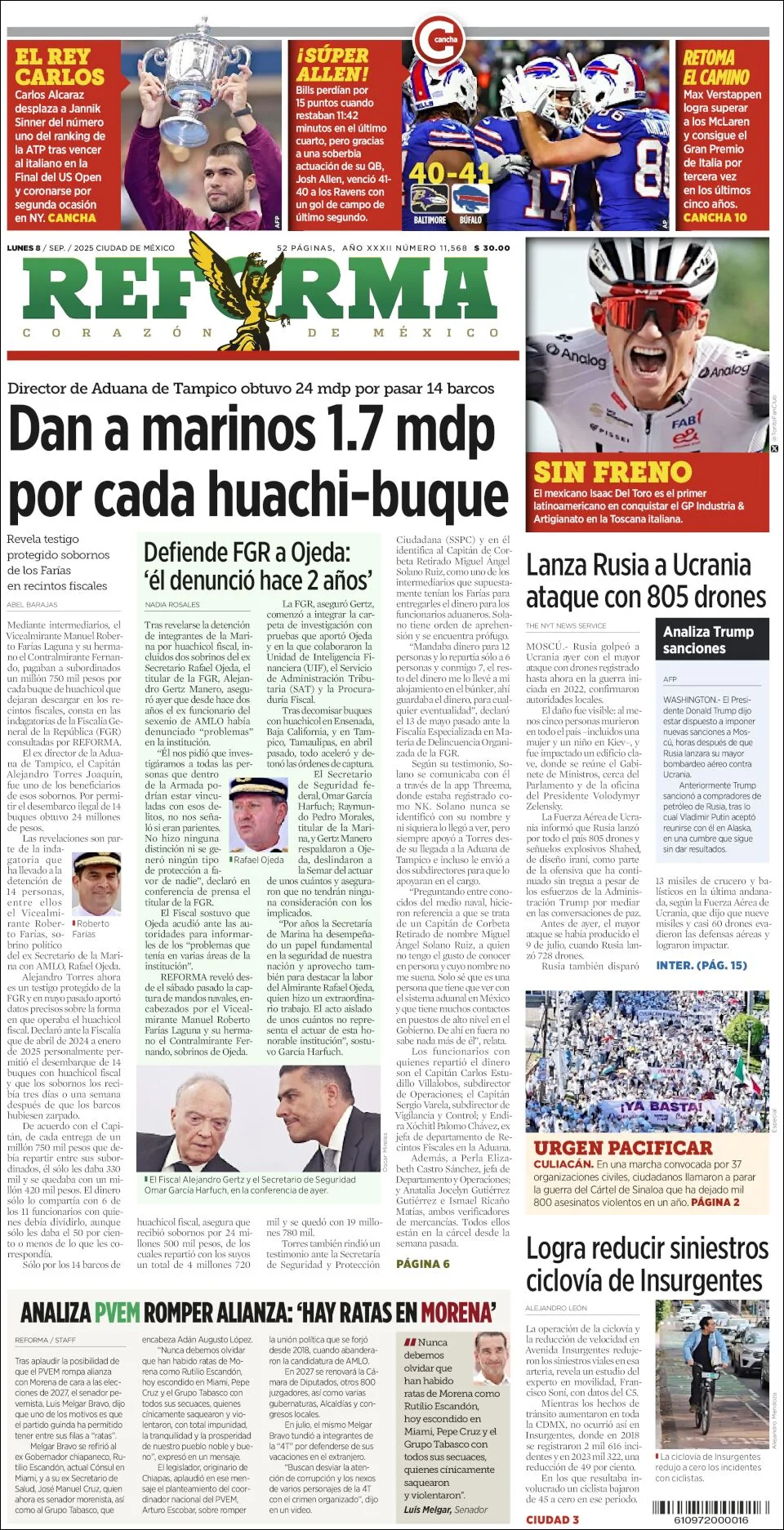Portada de Reforma del lunes, 8 de septiembre de 2025