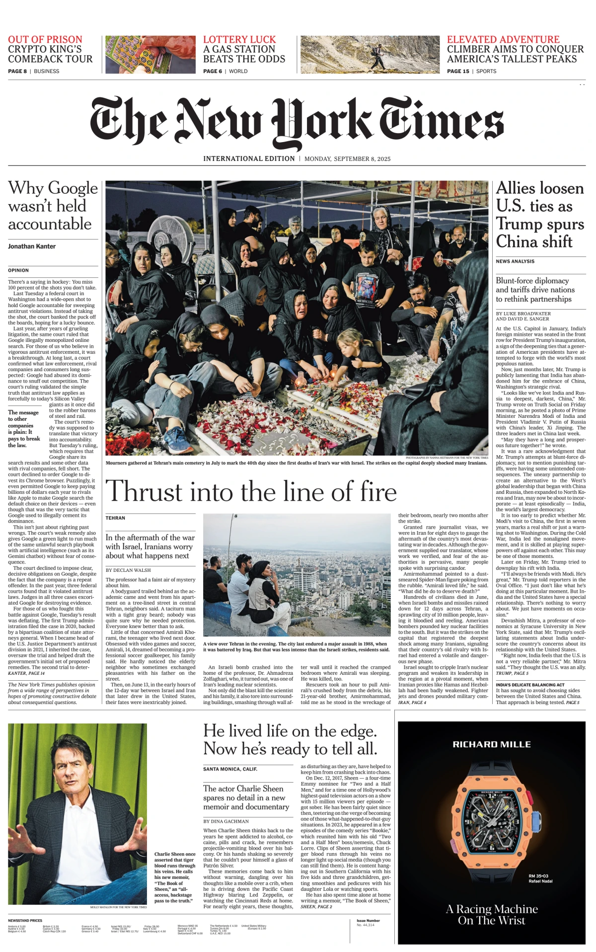Portada de The New York Times (international) del lunes, 8 de septiembre de 2025