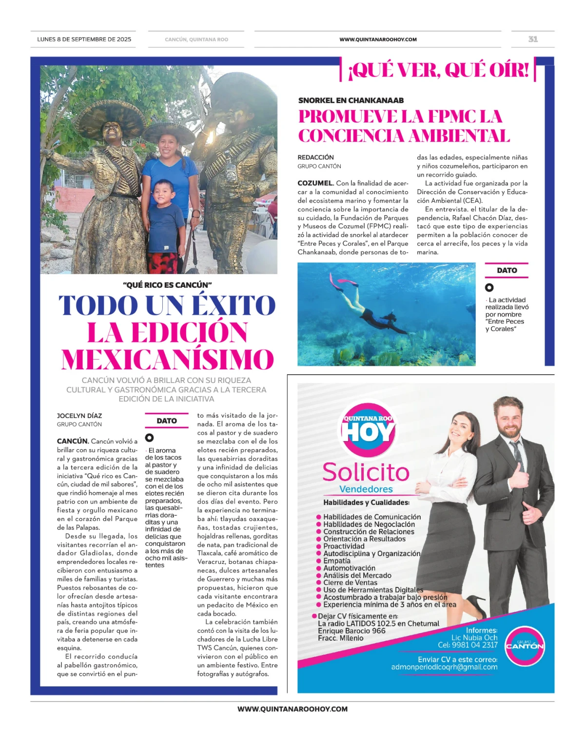 Portada de Quintana Roo Hoy (contraportada) del lunes, 8 de septiembre de 2025