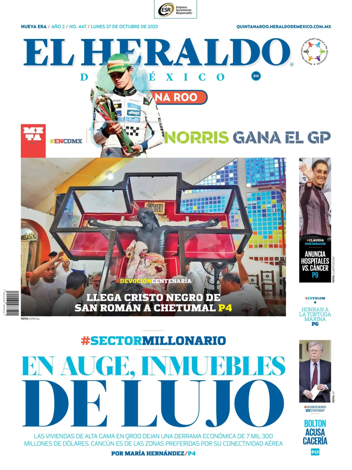 Portada de El Heraldo de Mexico - Quintana Roo del lunes, 27 de octubre de 2025