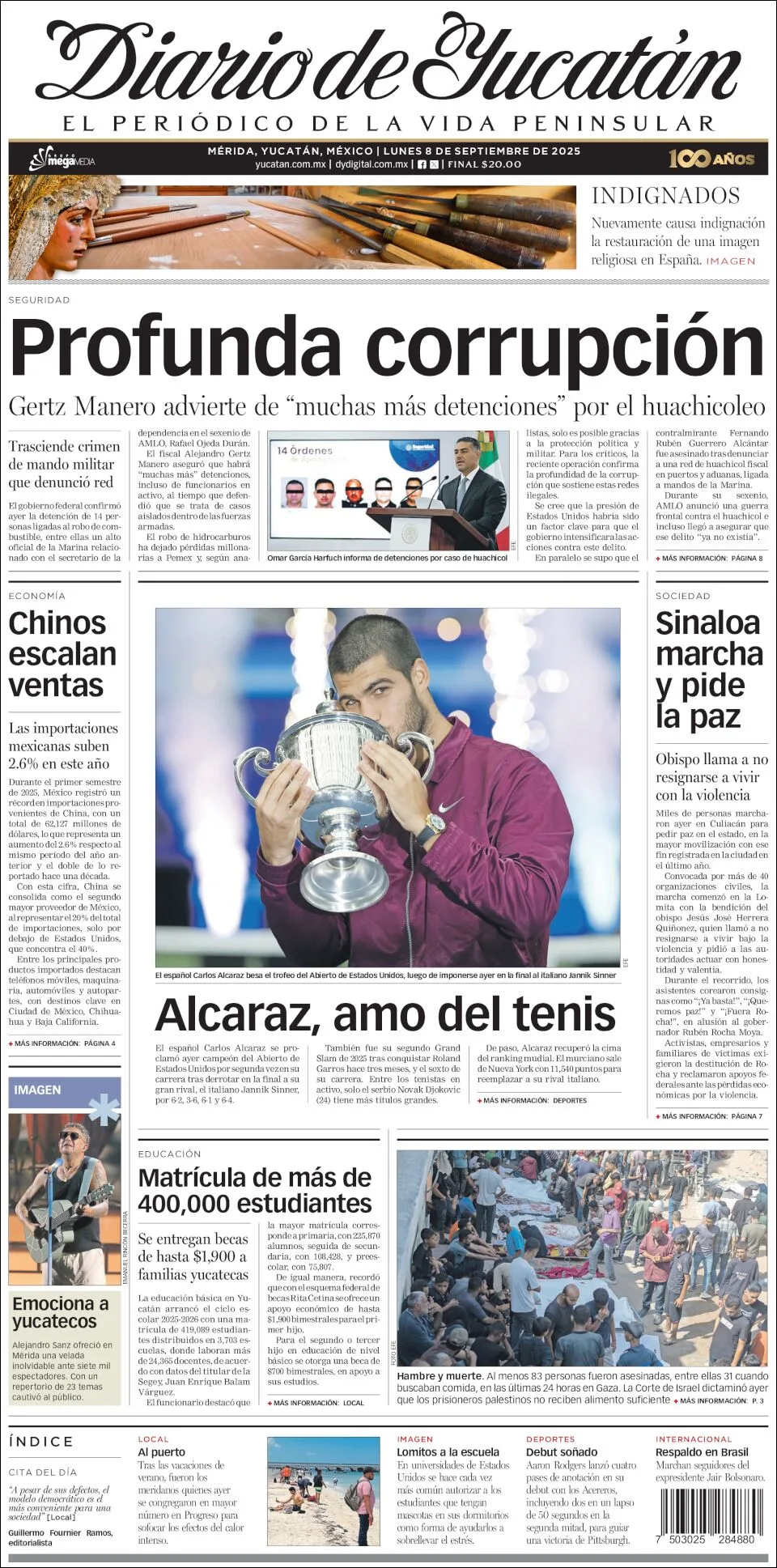 Portada de Diario de Yucatán del lunes, 8 de septiembre de 2025