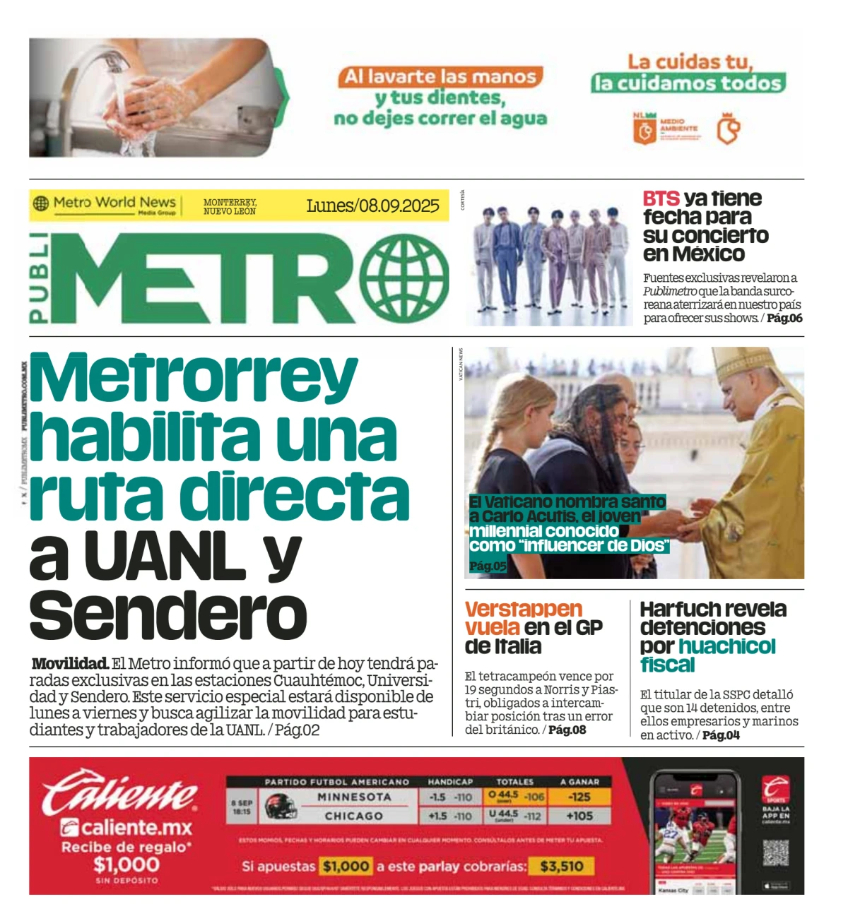 Portada de Publimetro Monterrey del lunes, 8 de septiembre de 2025