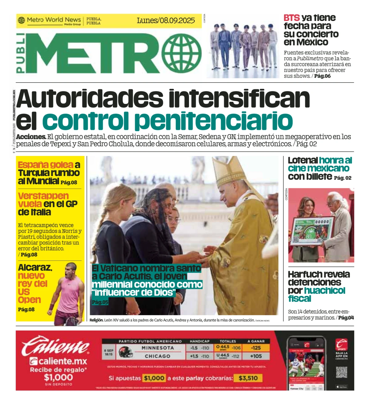 Portada de Publimetro Puebla del lunes, 8 de septiembre de 2025