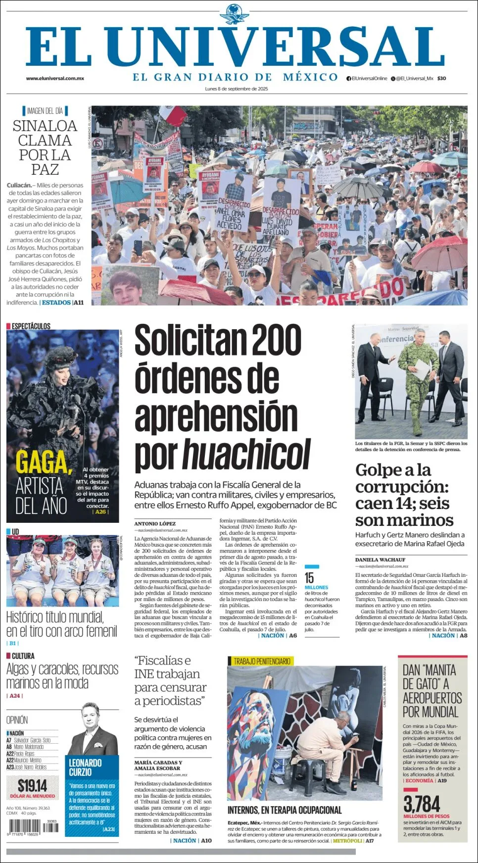 Portada de El Universal del lunes, 8 de septiembre de 2025