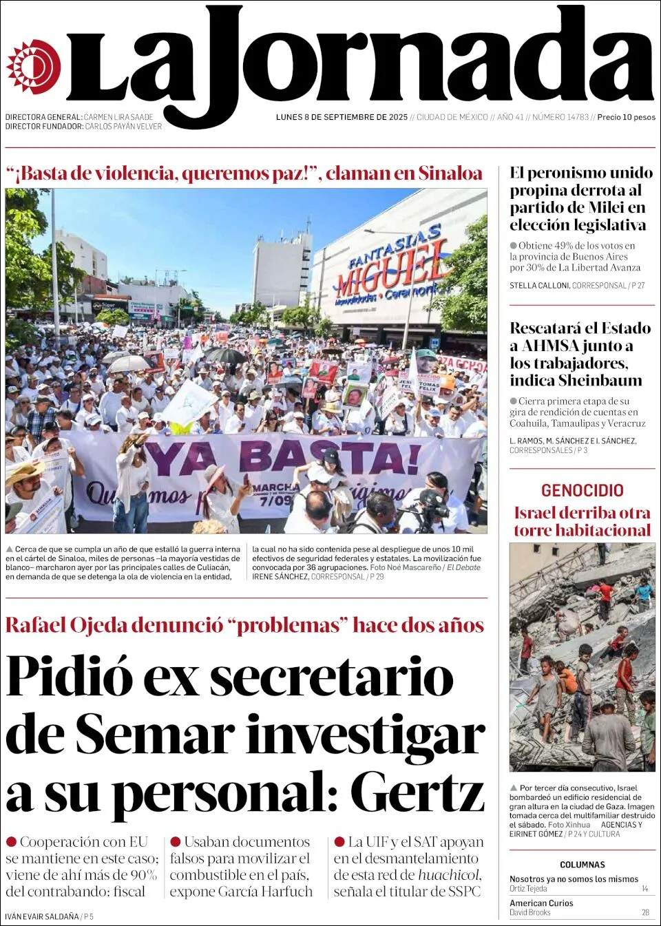 Portada de La Jornada del lunes, 8 de septiembre de 2025