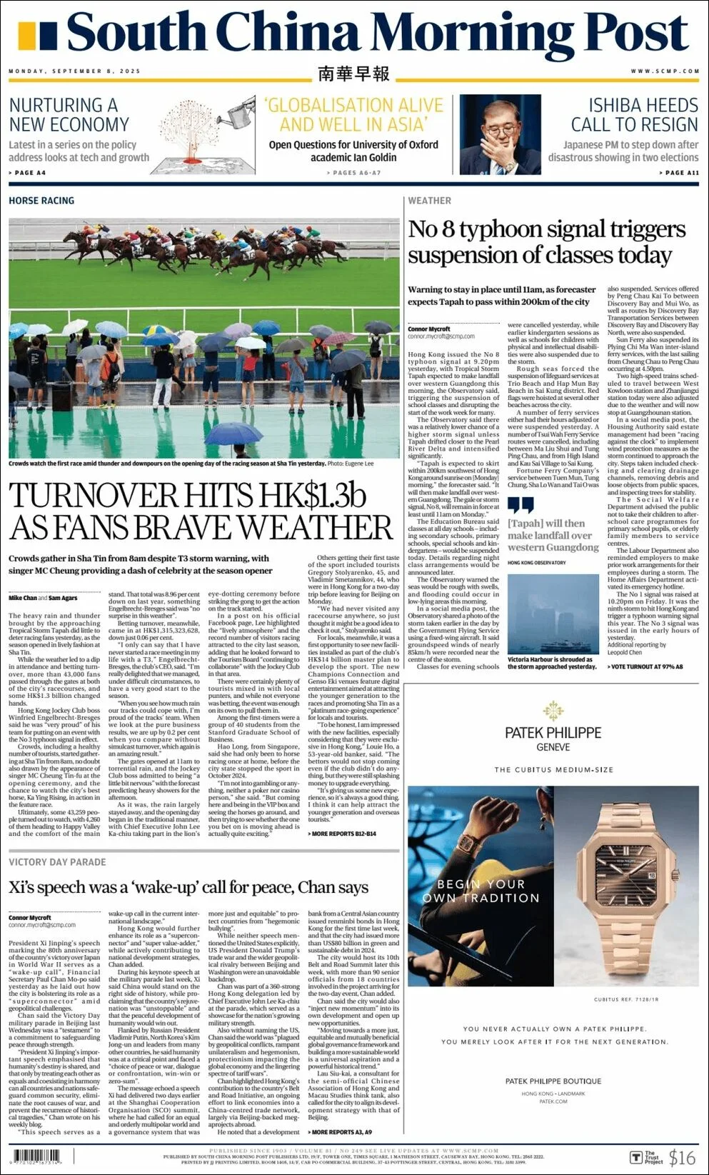 Portada de South China Morning Post del lunes, 8 de septiembre de 2025