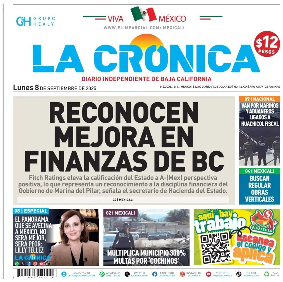 Portada de La Cronica del lunes, 8 de septiembre de 2025