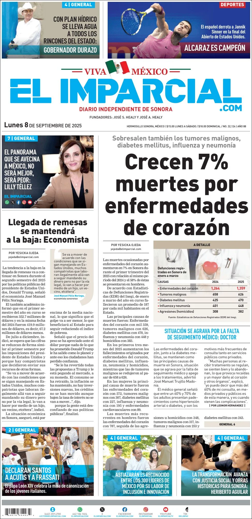 Portada de El Imparcial del lunes, 8 de septiembre de 2025