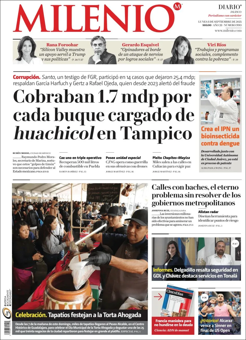 Portada de Milenio Jalisco del lunes, 8 de septiembre de 2025
