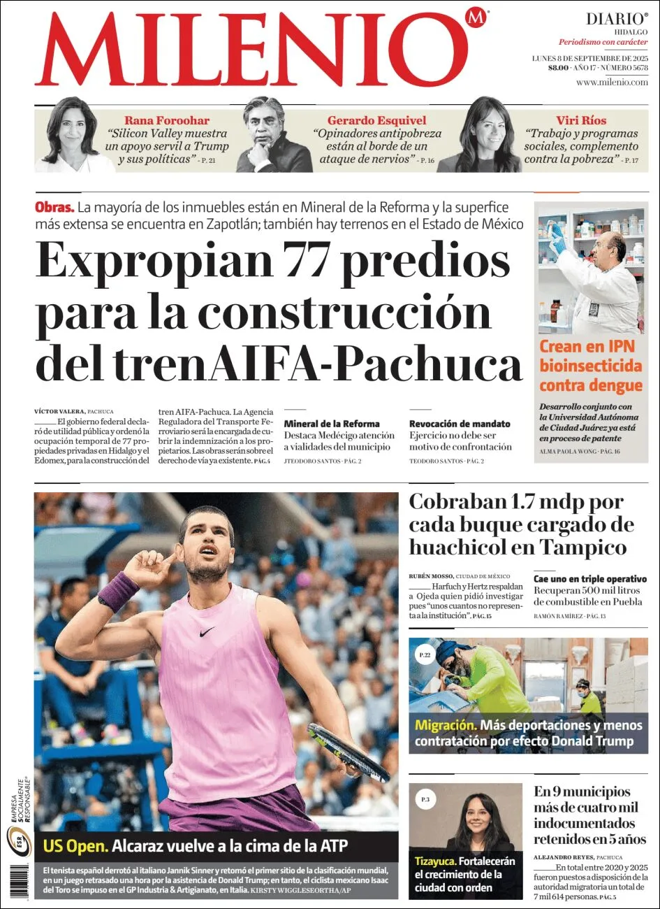 Portada de Milenio Hidalgo del lunes, 8 de septiembre de 2025