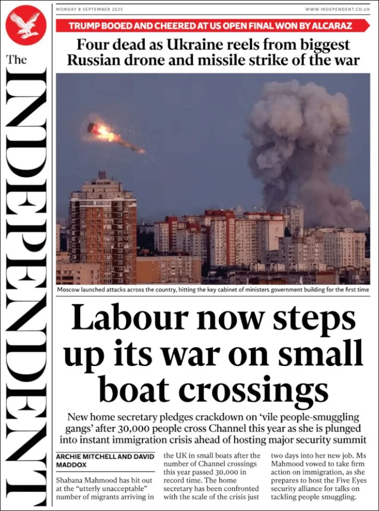 Portada de The Independent del lunes, 8 de septiembre de 2025