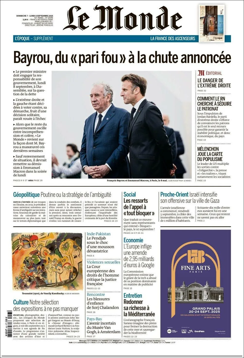 Portada de Le Monde del lunes, 8 de septiembre de 2025