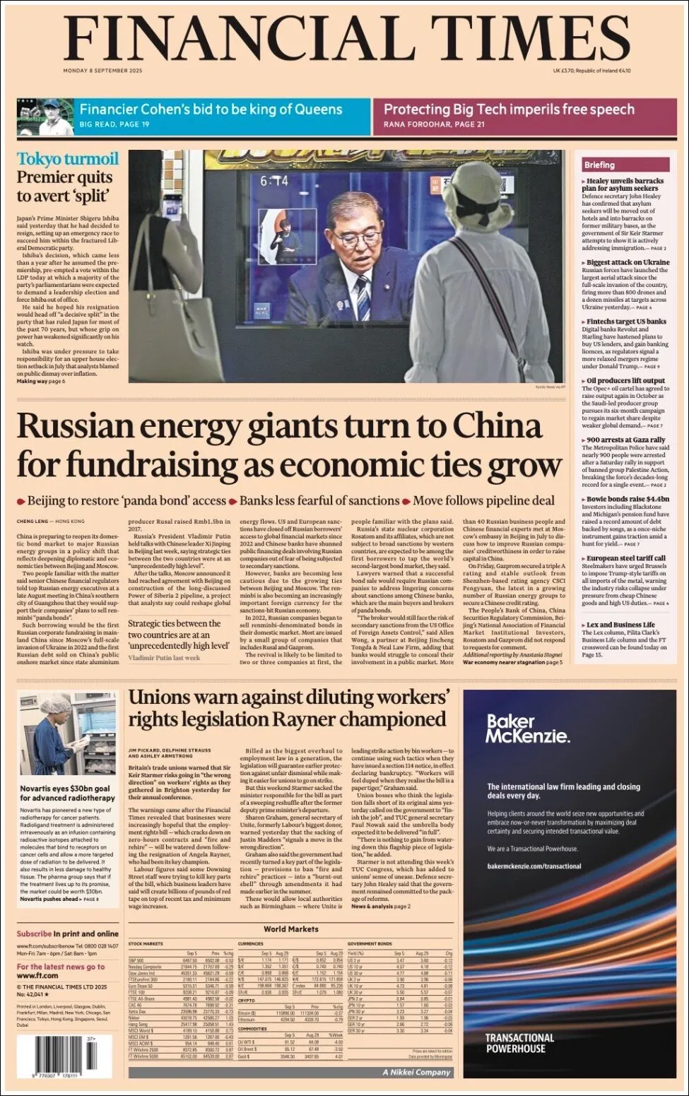 Portada de Financial Times del lunes, 8 de septiembre de 2025