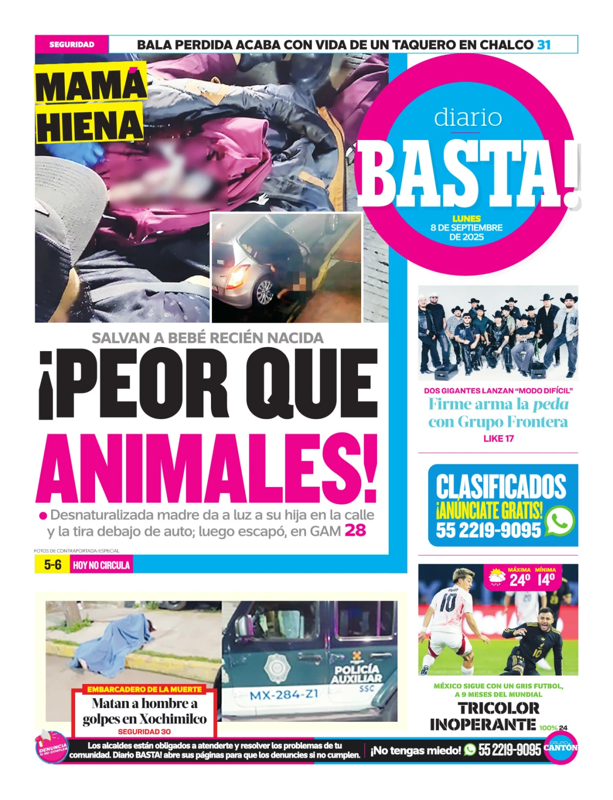 Portada de Basta! (contraportada ) del lunes, 8 de septiembre de 2025