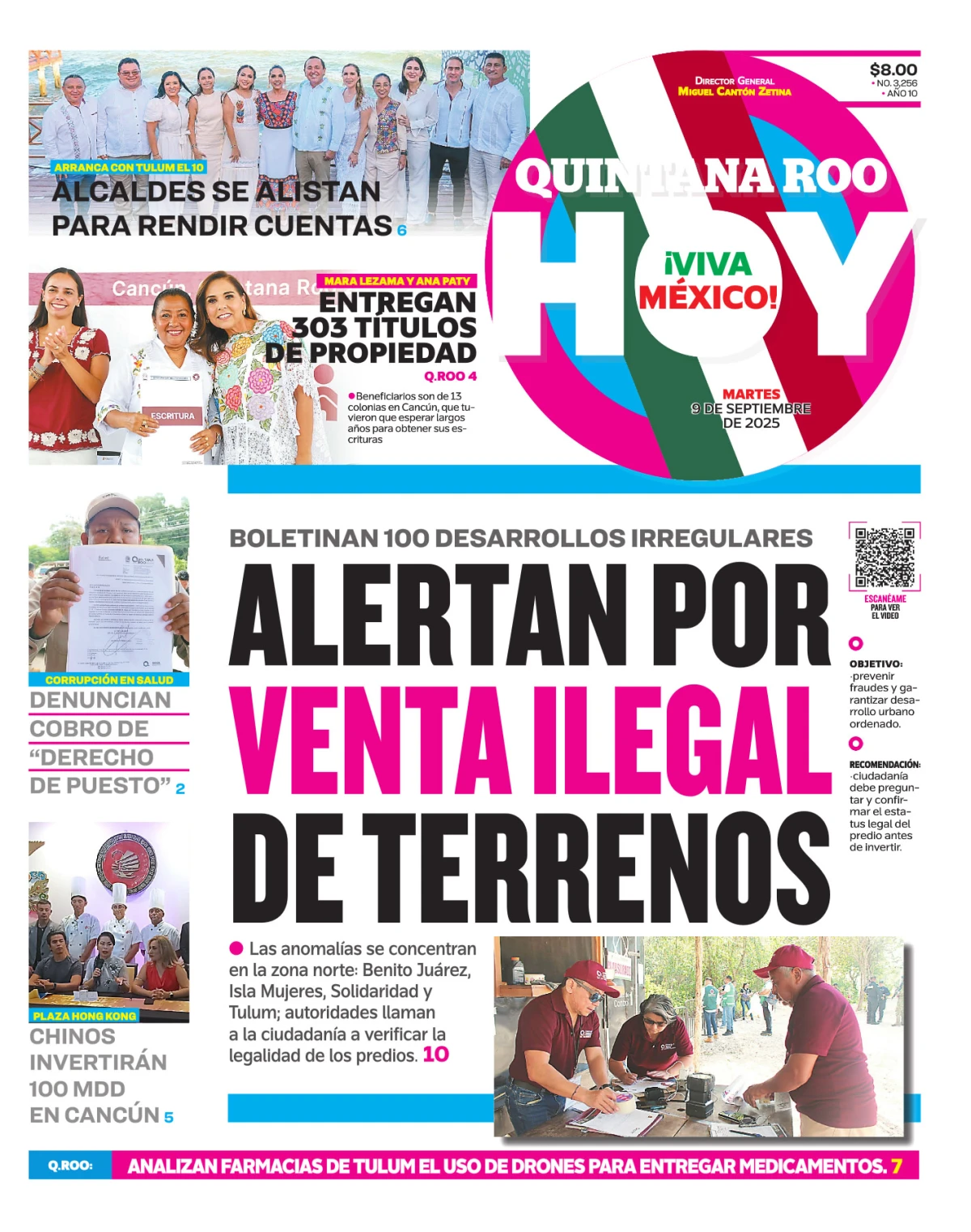 Portada de Quintana Roo Hoy (portada) del martes, 9 de septiembre de 2025