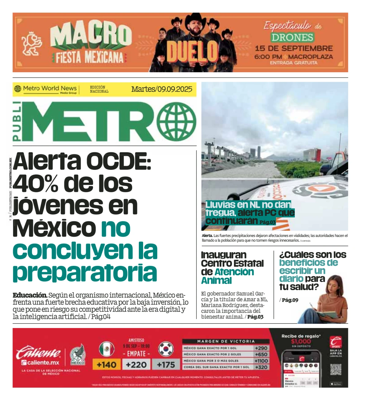 Portada de Publimetro Monterrey del martes, 9 de septiembre de 2025
