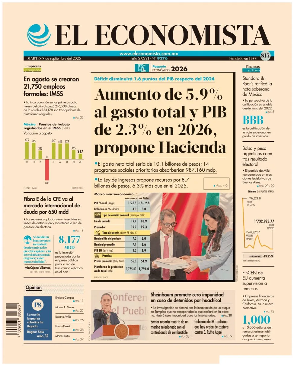 Portada de El Economista del martes, 9 de septiembre de 2025