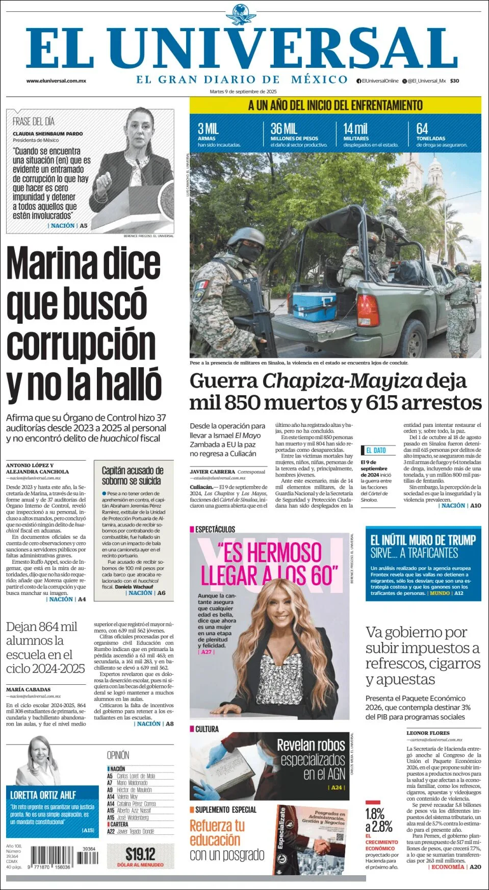 Portada de El Universal del martes, 9 de septiembre de 2025