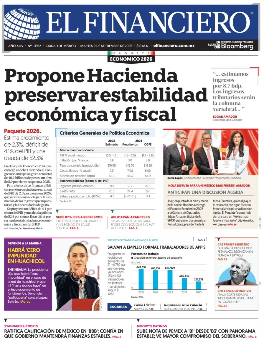 Portada de El Financiero del martes, 9 de septiembre de 2025