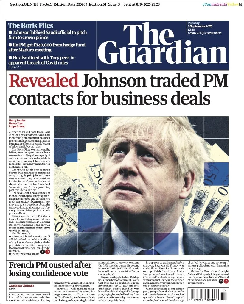 Portada de The Guardian (reino Unido) del martes, 9 de septiembre de 2025