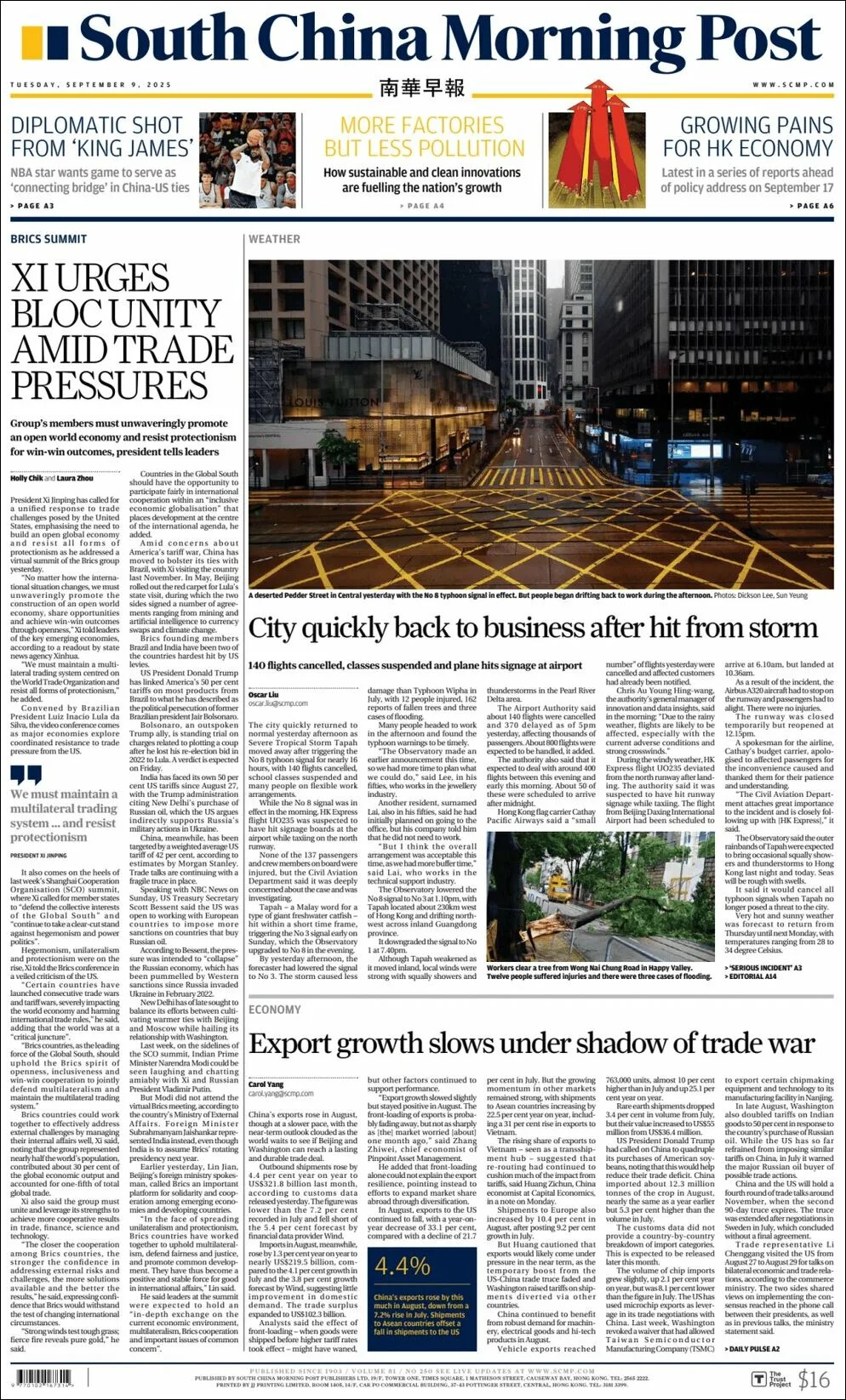 Portada de South China Morning Post del martes, 9 de septiembre de 2025