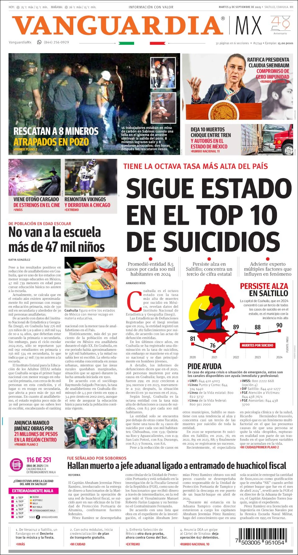 Portada de Vanguardia del martes, 9 de septiembre de 2025