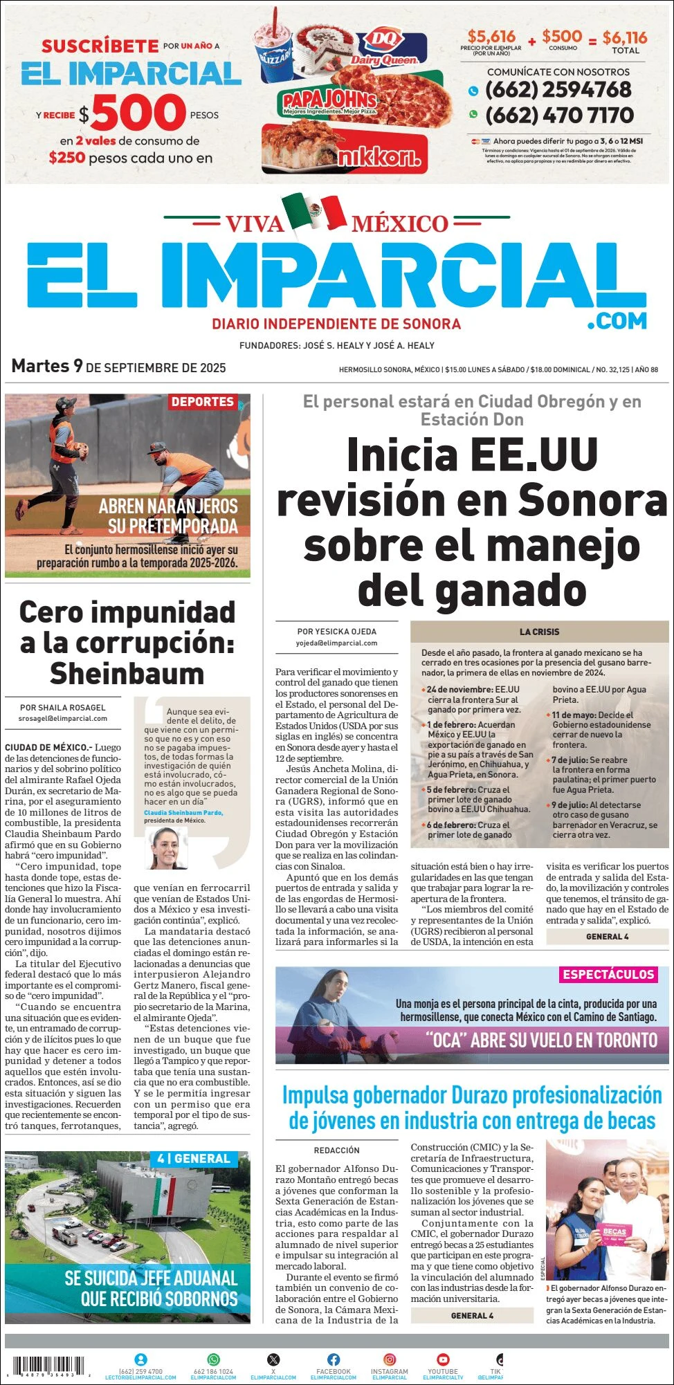 Portada de El Imparcial del martes, 9 de septiembre de 2025