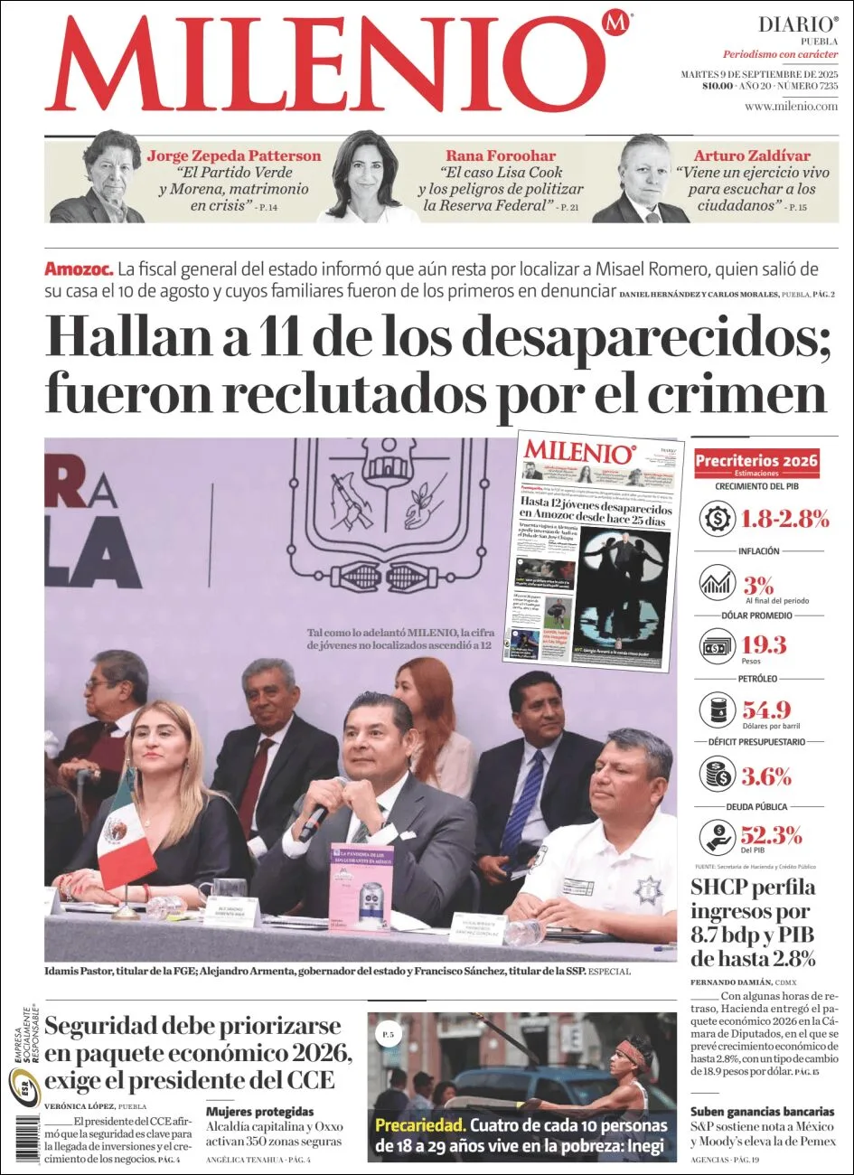 Portada de Milenio Puebla del martes, 9 de septiembre de 2025