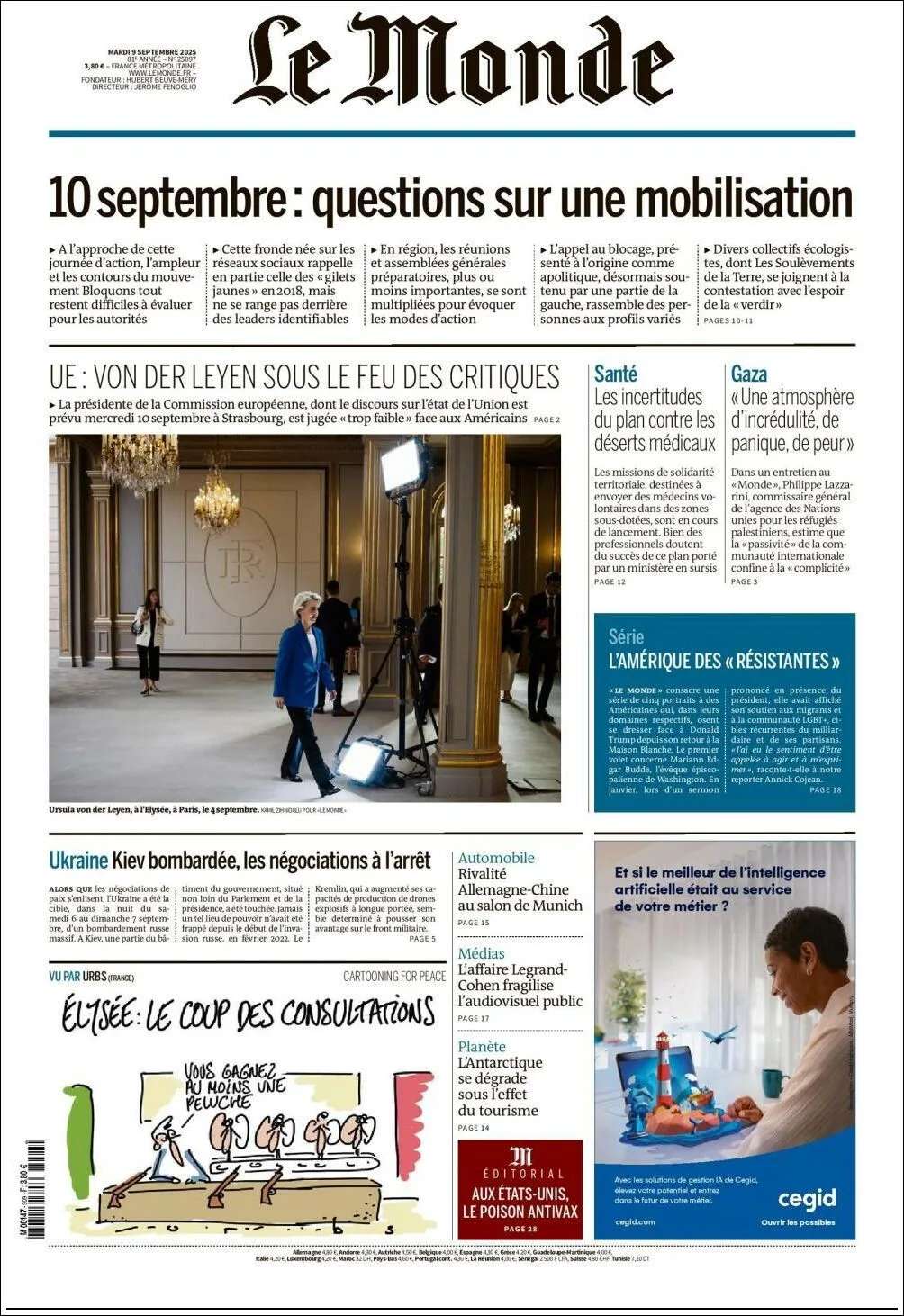 Portada de Le Monde del martes, 9 de septiembre de 2025