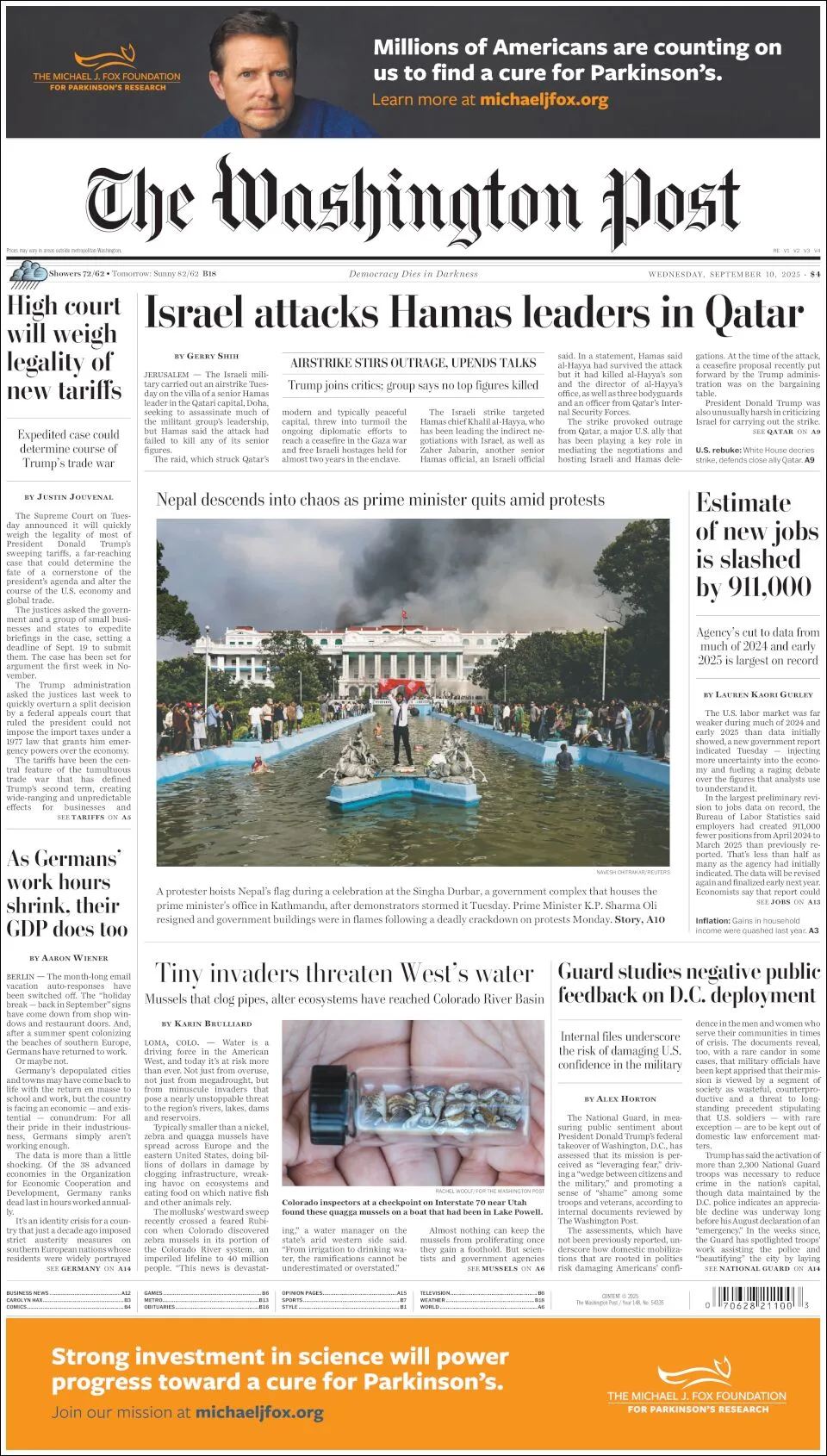 Portada de The Washington Post del miércoles, 10 de septiembre de 2025