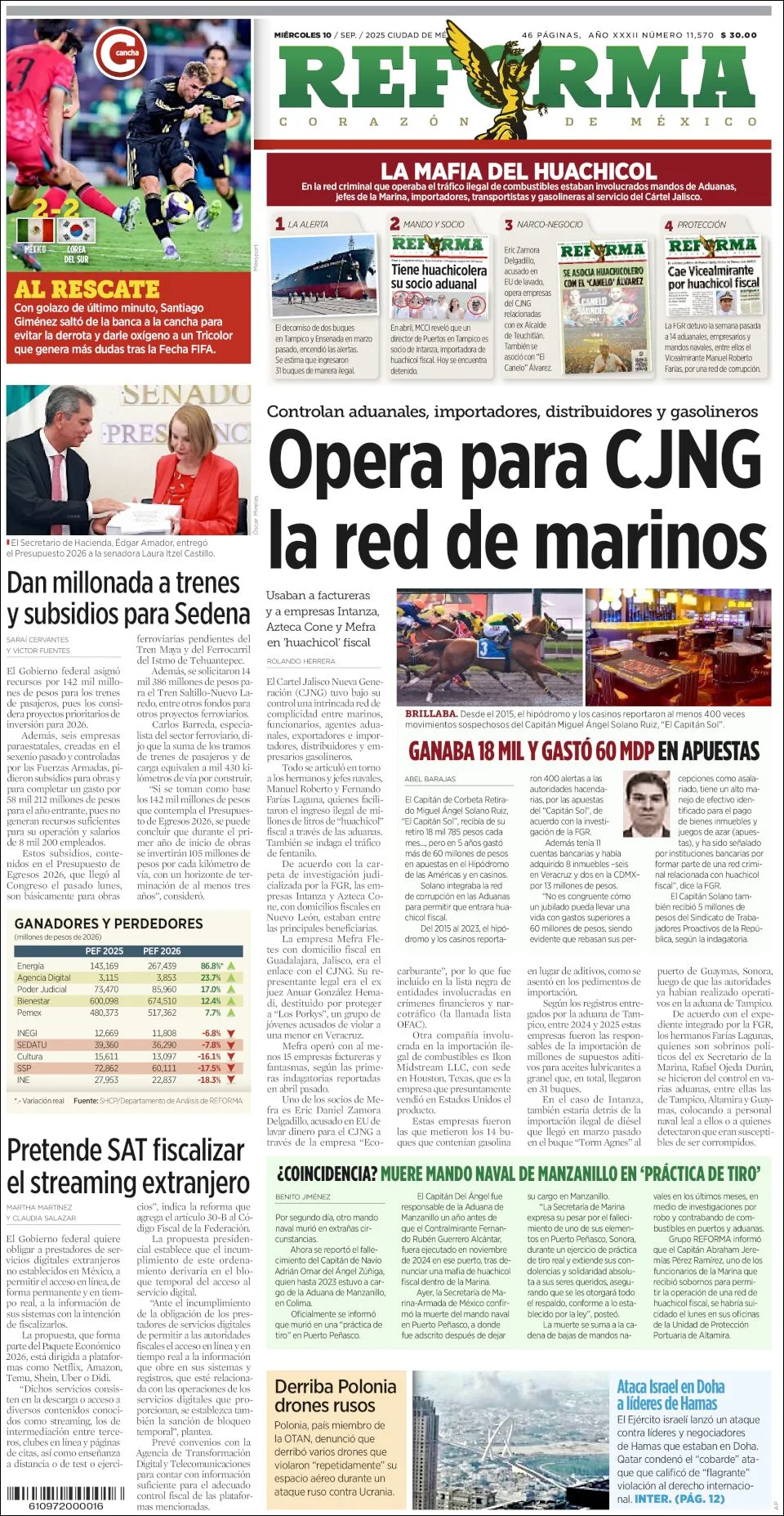 Portada de Reforma del miércoles, 10 de septiembre de 2025