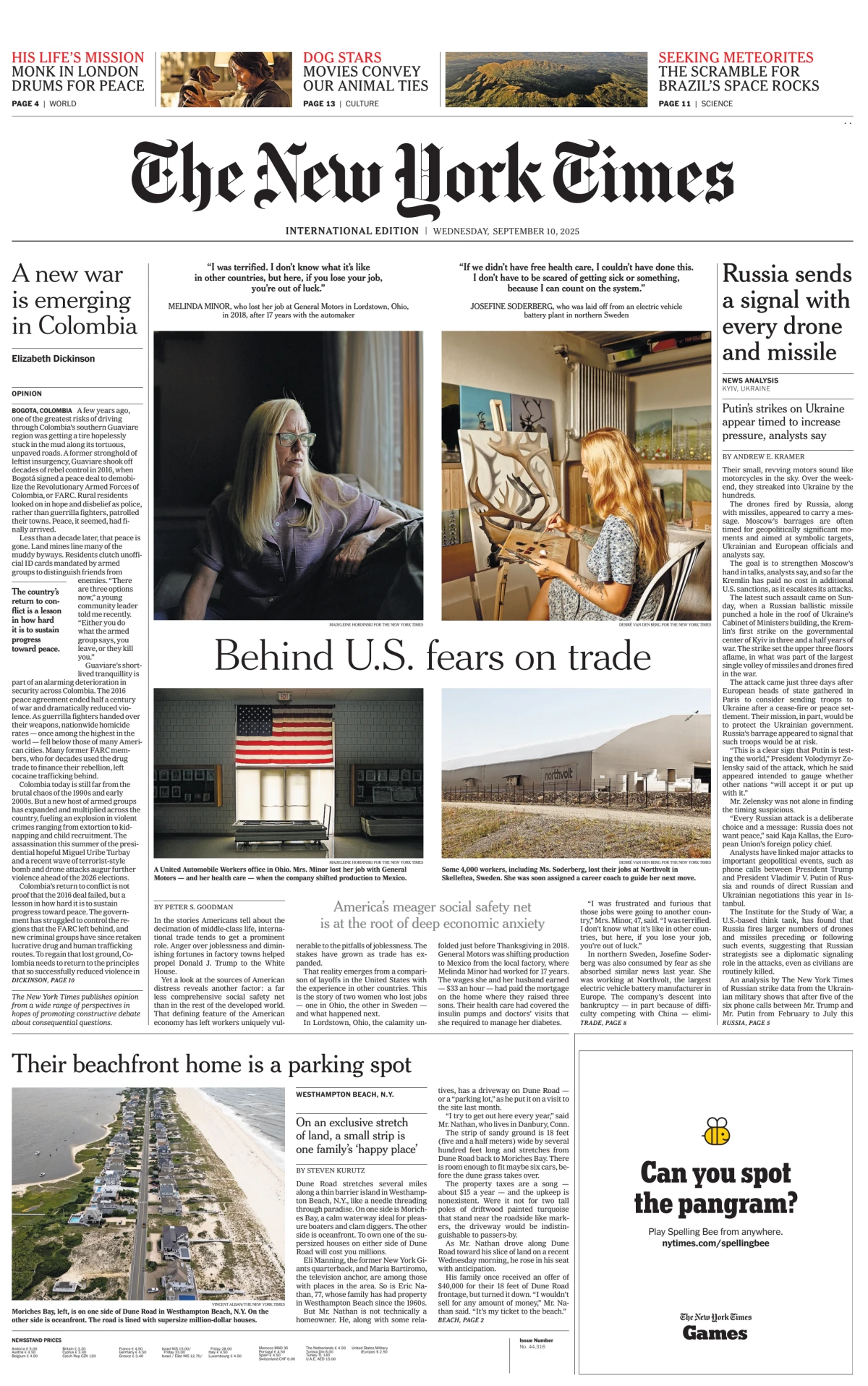 Portada de The New York Times (international) del miércoles, 10 de septiembre de 2025
