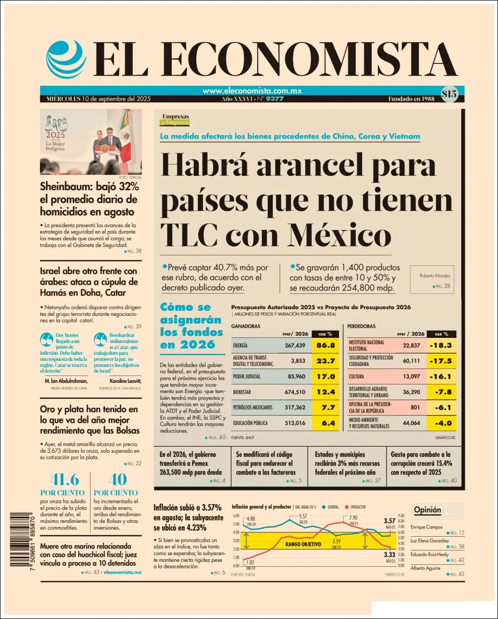 Portada de El Economista del miércoles, 10 de septiembre de 2025