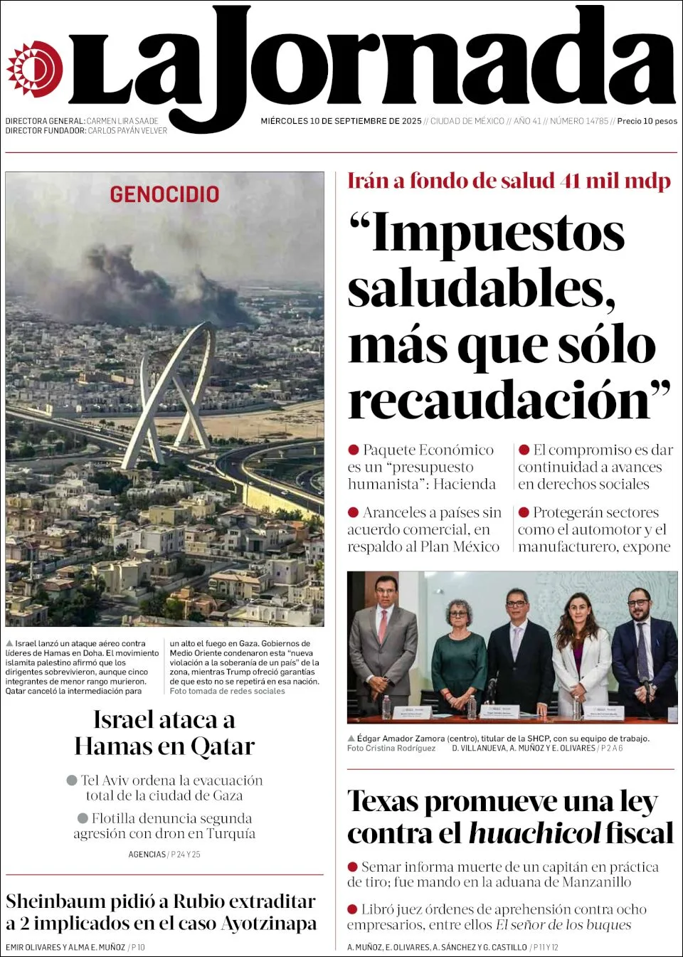 Portada de La Jornada del miércoles, 10 de septiembre de 2025