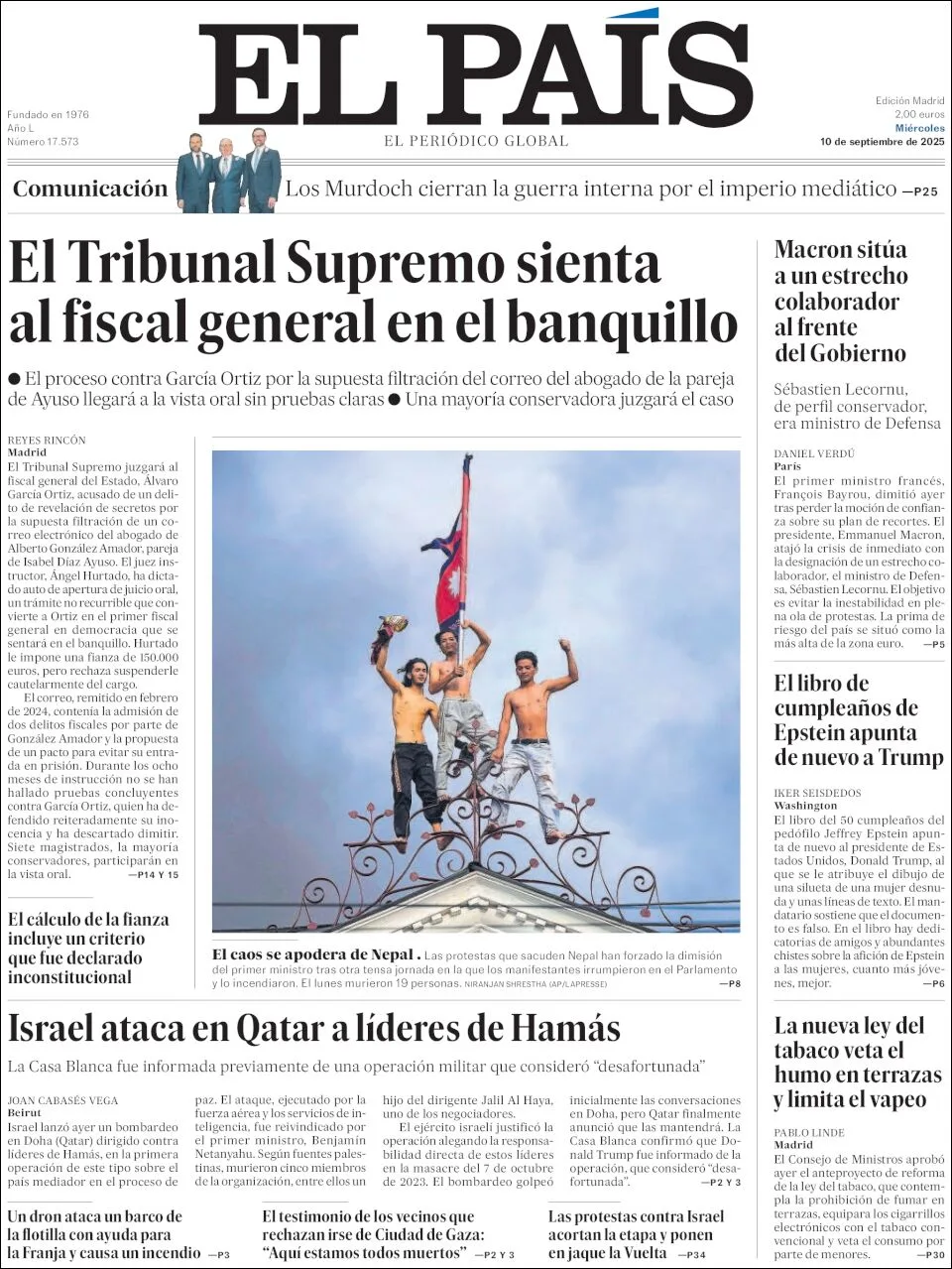 Portada de El Pais del miércoles, 10 de septiembre de 2025