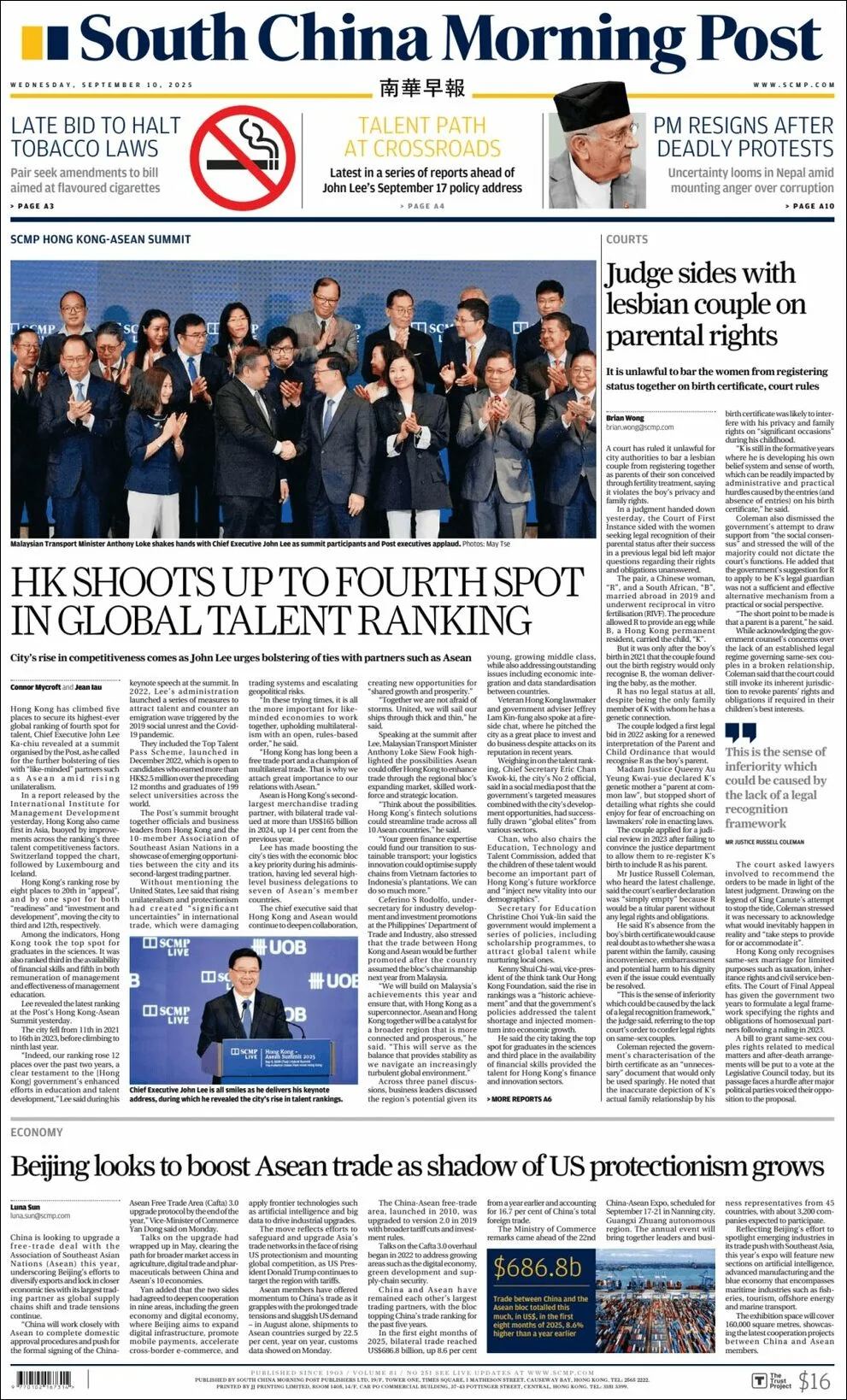 Portada de South China Morning Post del miércoles, 10 de septiembre de 2025