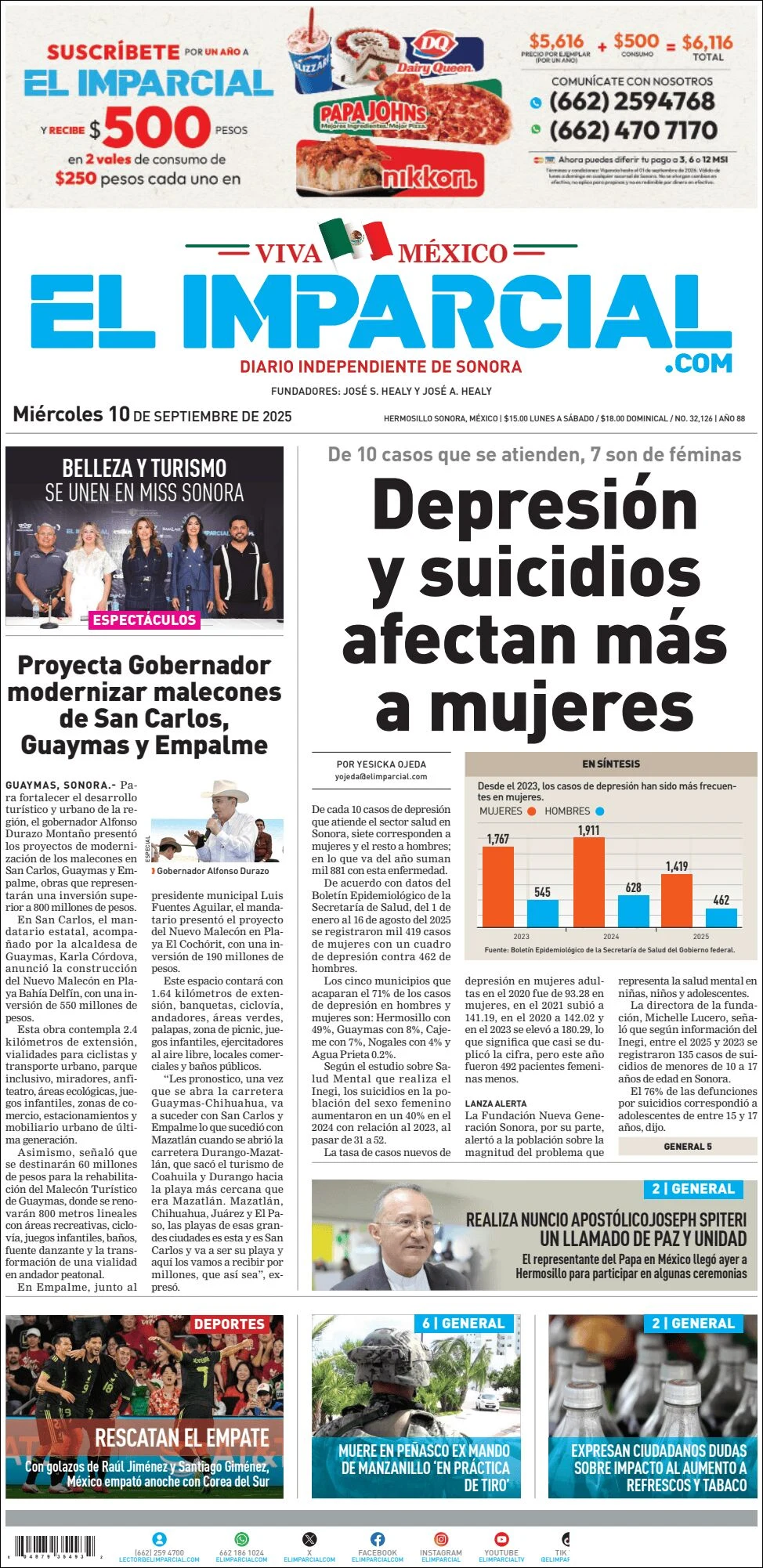 Portada de El Imparcial del miércoles, 10 de septiembre de 2025