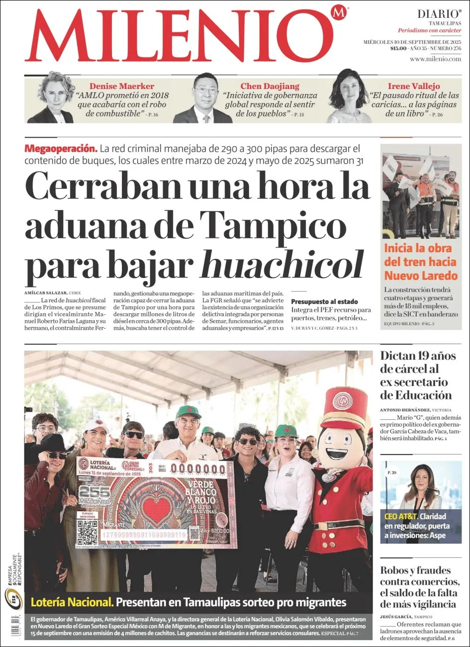 Portada de Milenio Tamaulipas del lunes, 15 de septiembre de 2025