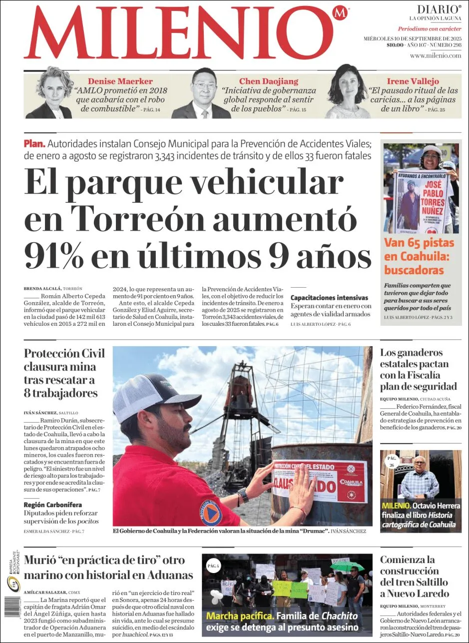 Portada de Milenio Laguna del miércoles, 10 de septiembre de 2025