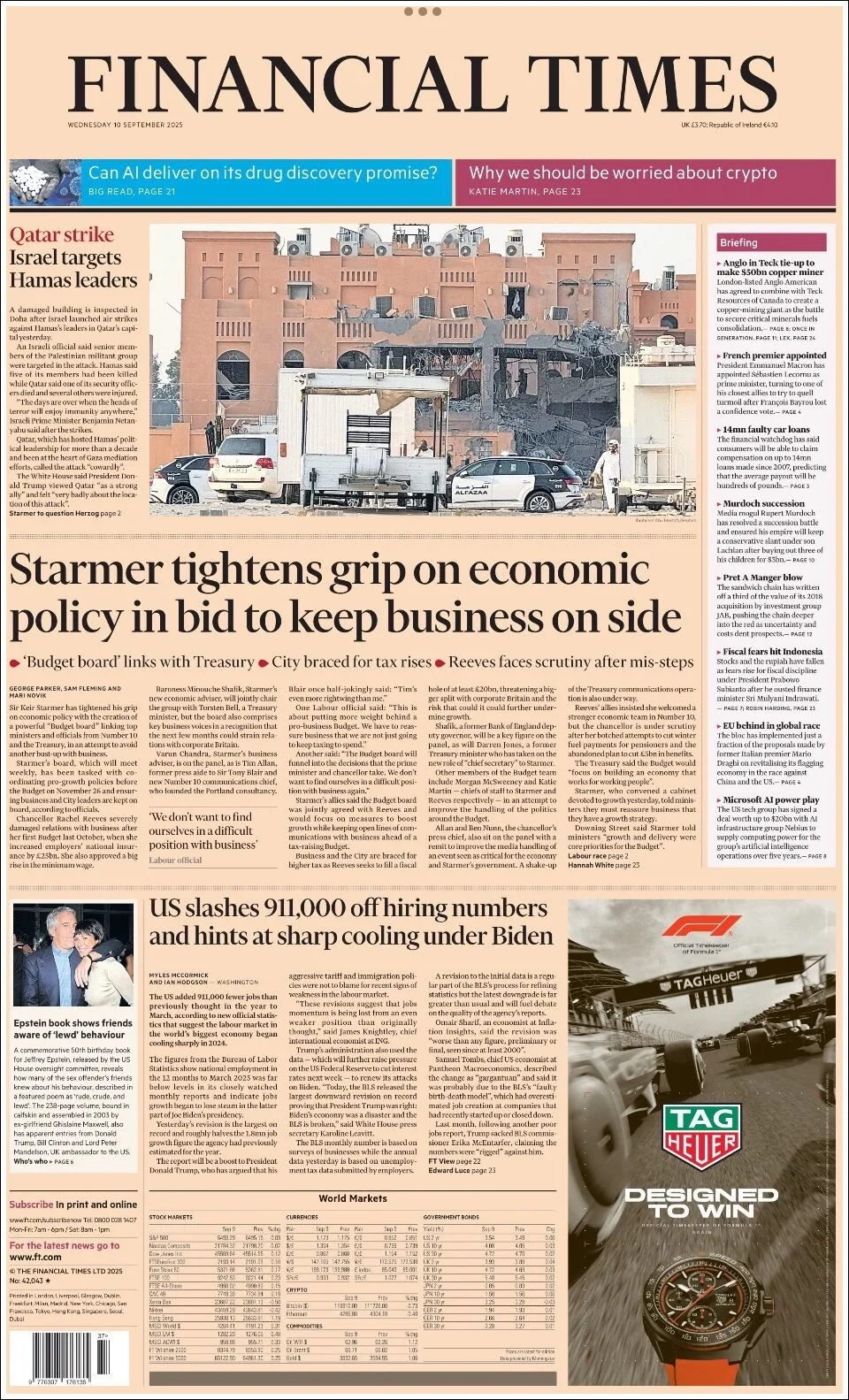 Portada de Financial Times del miércoles, 10 de septiembre de 2025