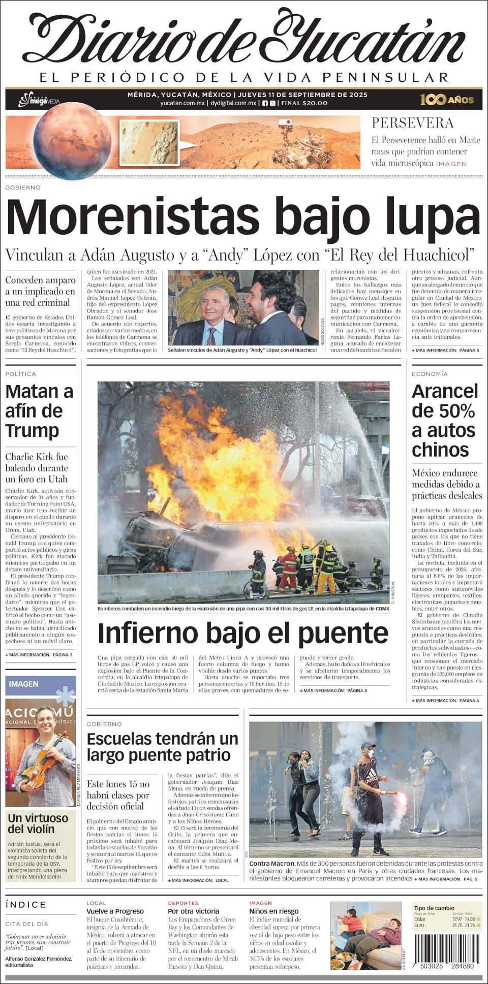 Portada de Diario de Yucatán del jueves, 11 de septiembre de 2025