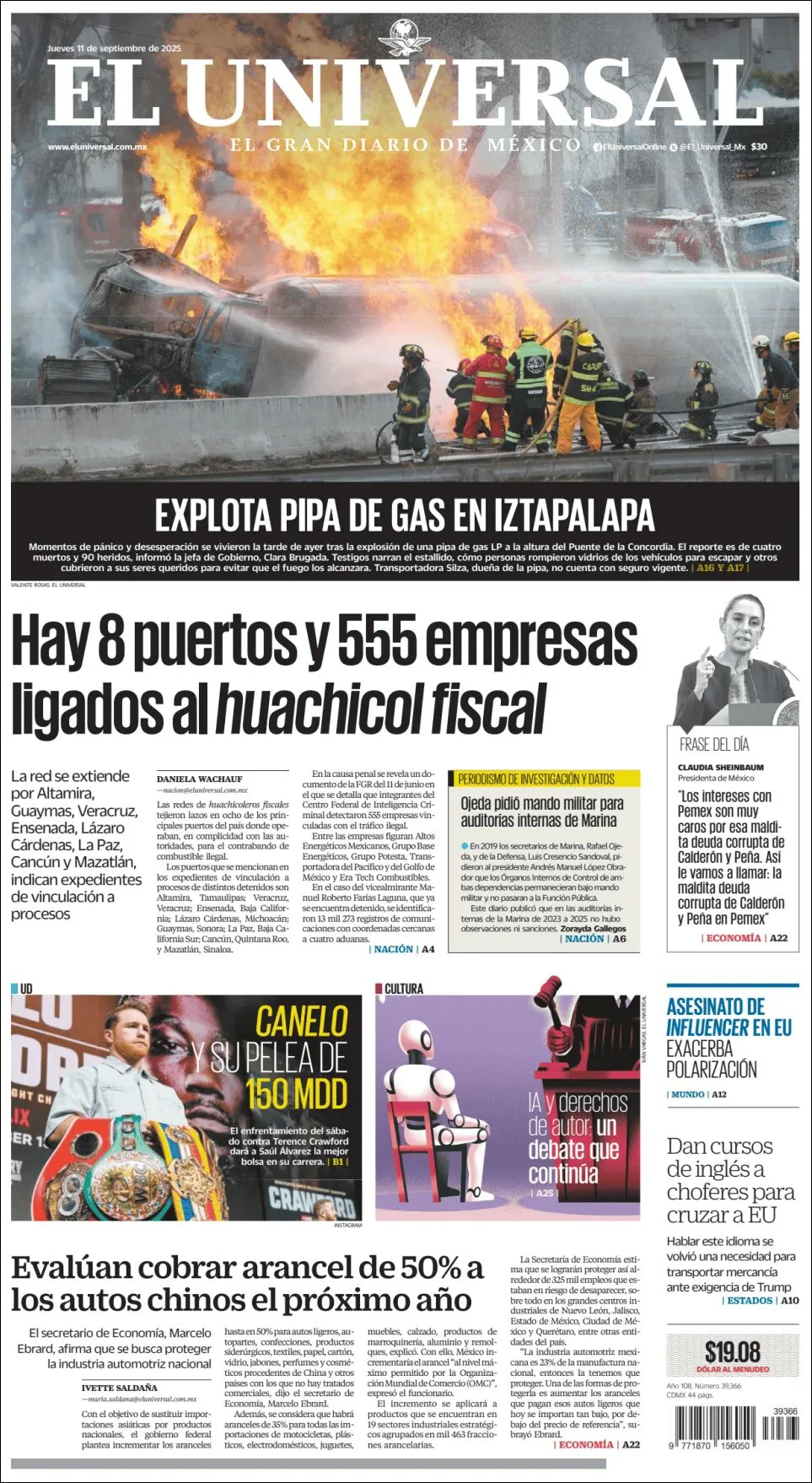 Portada de El Universal del jueves, 11 de septiembre de 2025