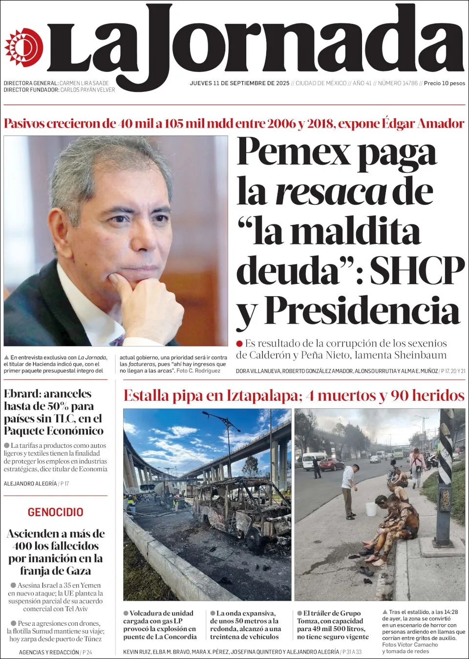 Portada de La Jornada del jueves, 11 de septiembre de 2025